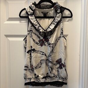 White House Black Market White and Black Blouse with Red Accents